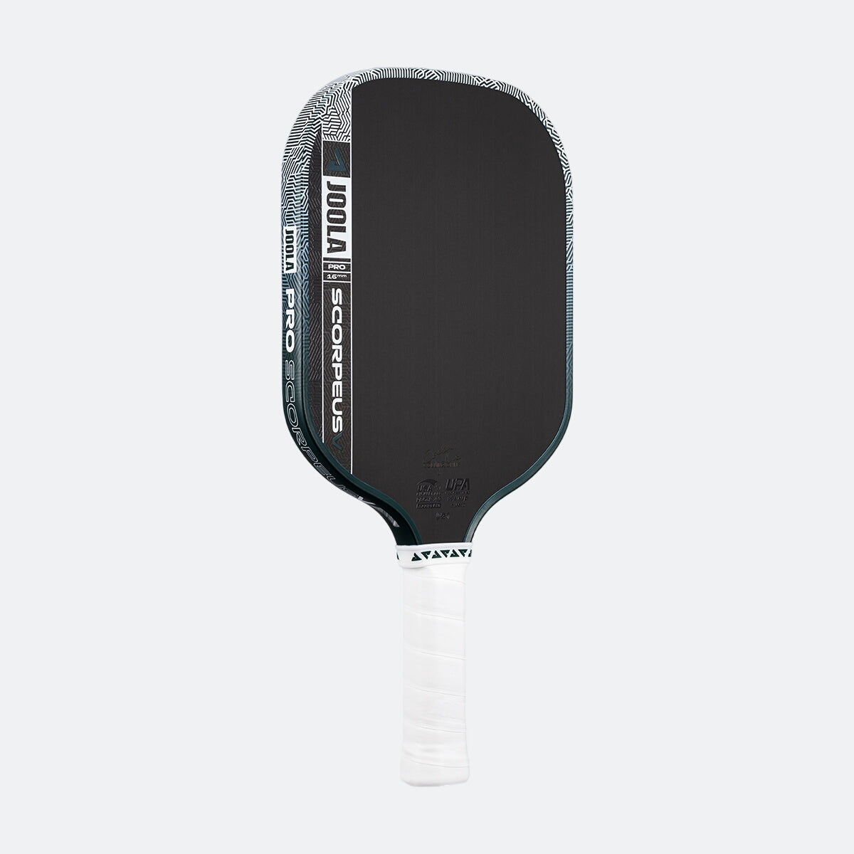 White background, product image of the JOOLA Scorpeus Pro V pickleball paddle with a green edge guard and white handle.