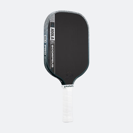 White background, product image of the JOOLA Scorpeus Pro V pickleball paddle with a green edge guard and white handle.