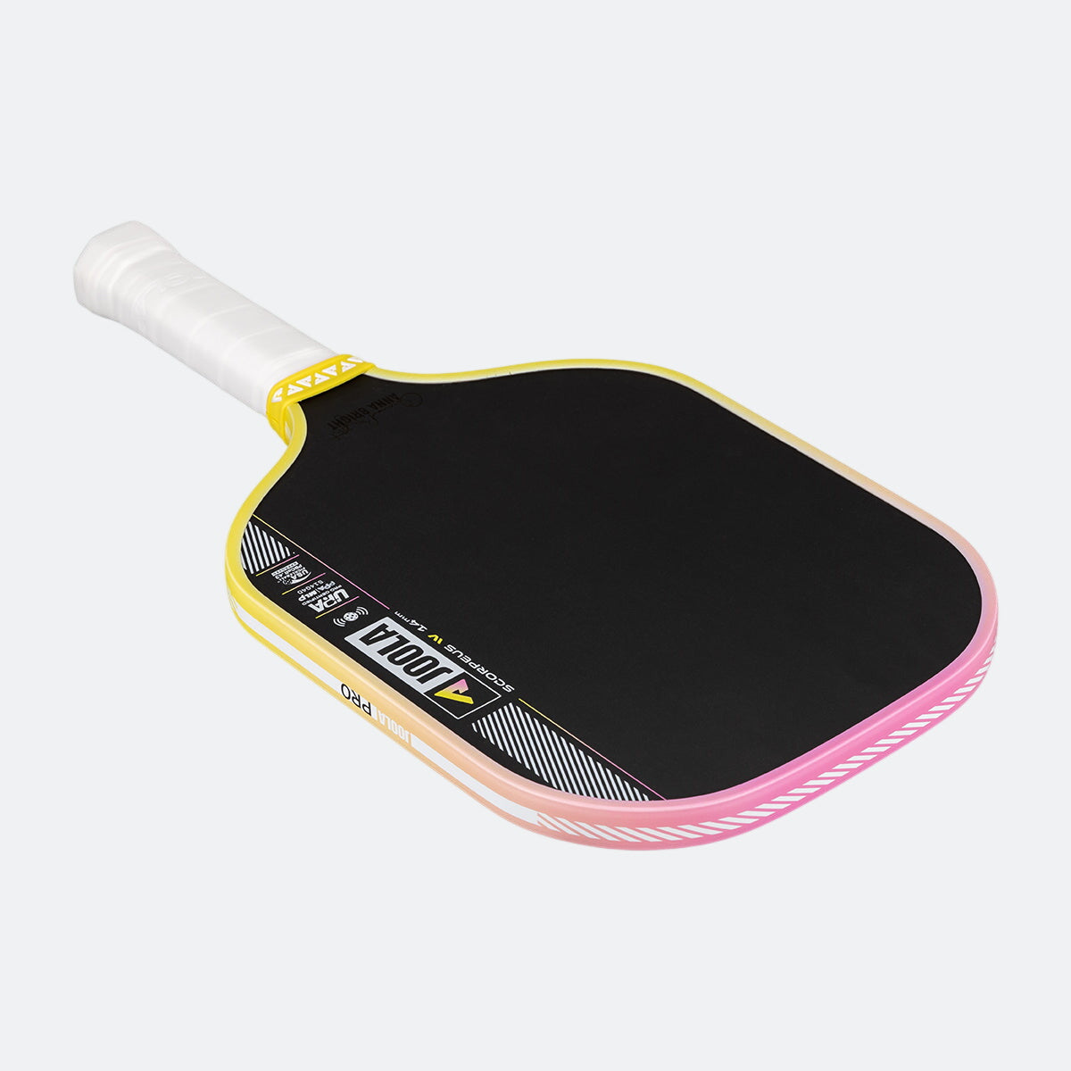 Pickleball paddle with black face, pink sides, and white handle on a white background.