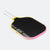 Pickleball paddle with black face, pink sides, and white handle on a white background.