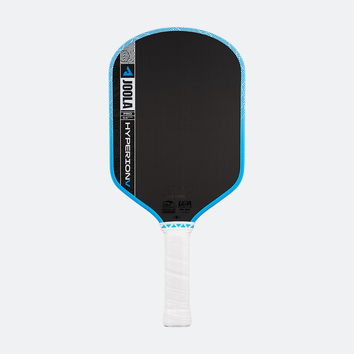 White background, product image showing the JOOLA Hyperion Pro V pickleball paddle with a white handle and blue edge guard.