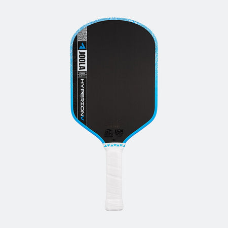 White background, product image showing the JOOLA Hyperion Pro V pickleball paddle with a white handle and blue edge guard.