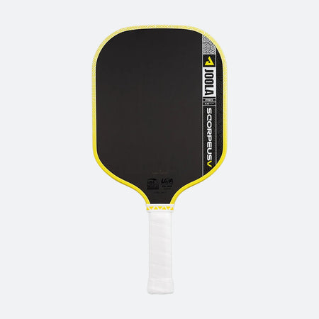 Pickleball paddle with black face, yellow rim, and white handle on a white background
