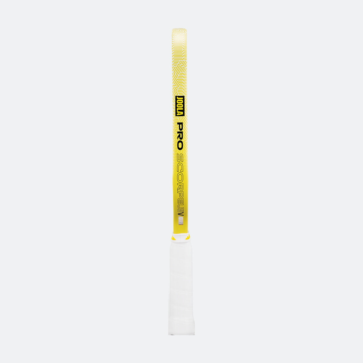 White background, image showing the side of a JOOLA Scorpeus Pro V's edge guard, yellow and white.