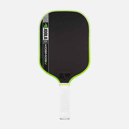 White background, product image of the JOOLA Kosmos Pro V pickleball paddle with line green edge guard and white handle.