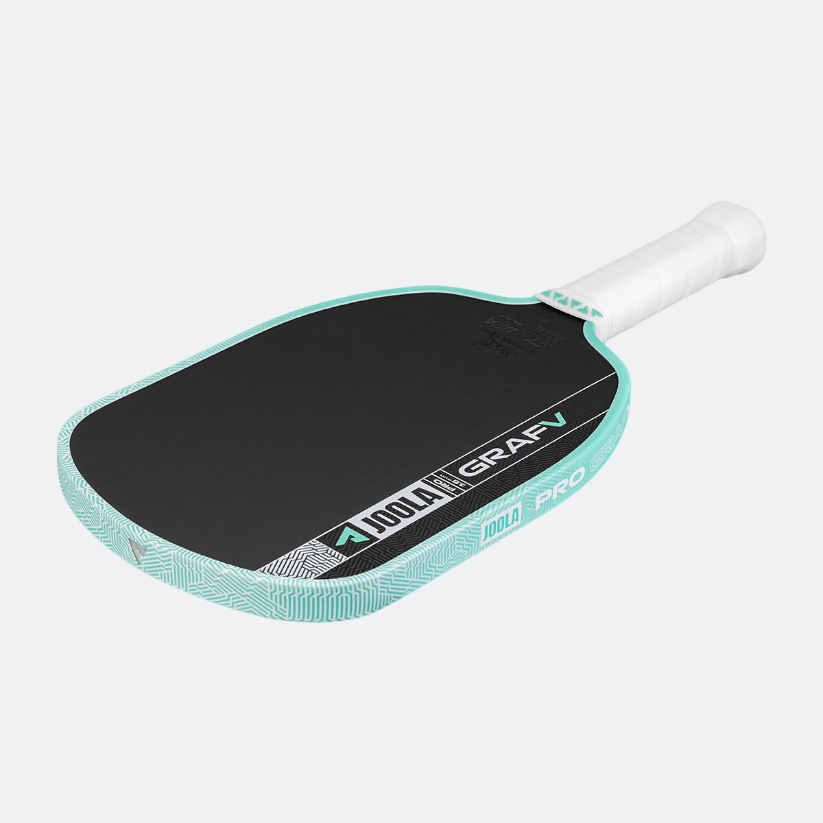 White background, product image of the Graf Pro V with a turquoise edge guard and a white handle.