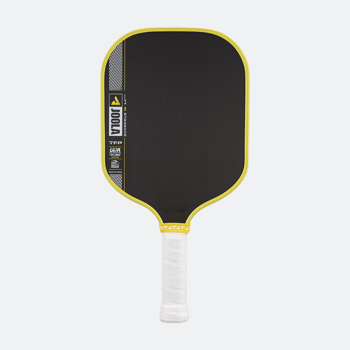 White background, product image of a JOOLA Scorpeus Pro IV pickleball paddle, yellow edge guard and white handle.