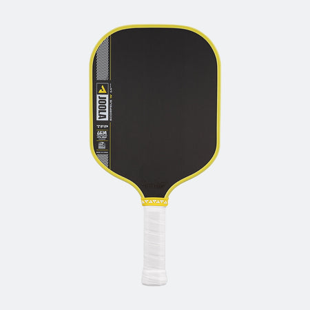 White background, product image of a JOOLA Scorpeus Pro IV pickleball paddle, yellow edge guard and white handle.