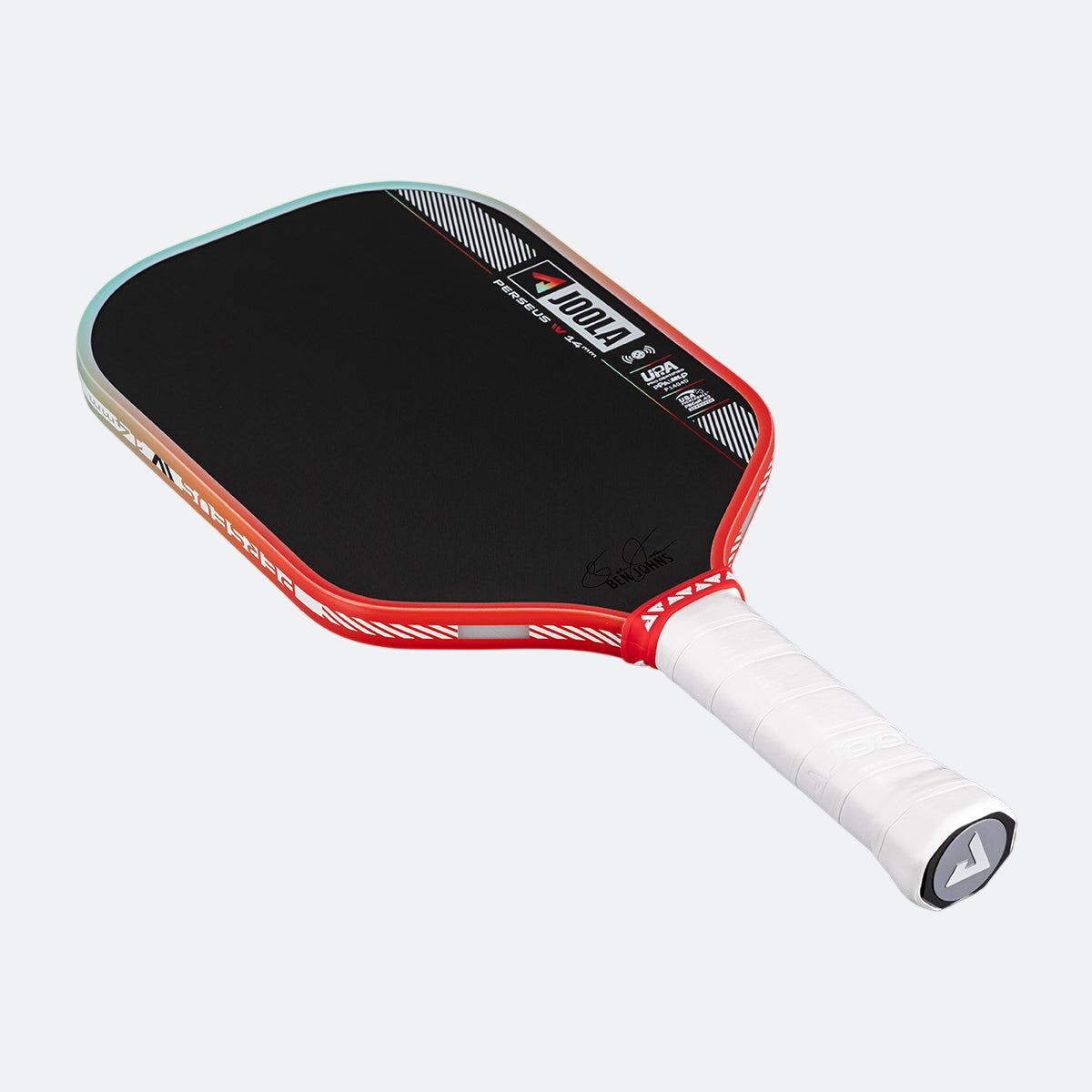 Pickleball paddle with red and black design on a white background