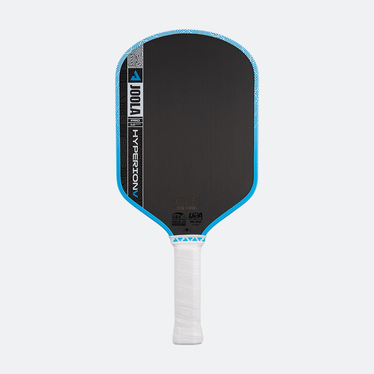 White background, image of the JOOLA Hyperion Pro V pickleball paddle, white handle, blue and white edge guard and black surface.