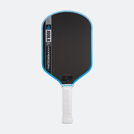 White background, image of the JOOLA Hyperion Pro V pickleball paddle, white handle, blue and white edge guard and black surface.
