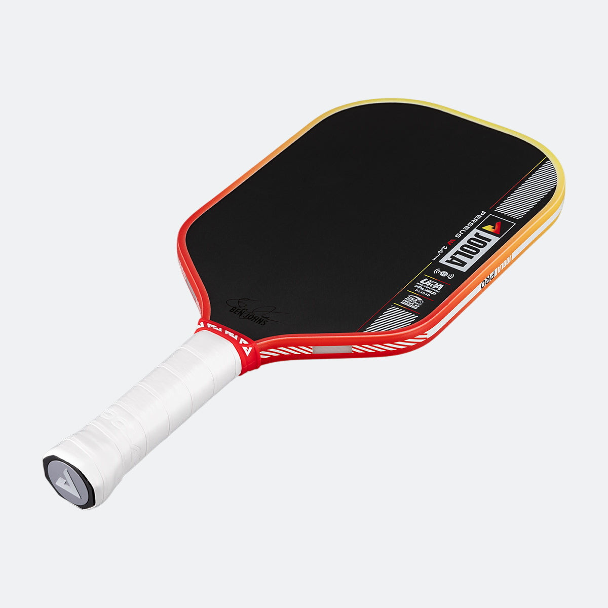 Pickleball paddle with black playing surface, red frame, and white handle on a white background
