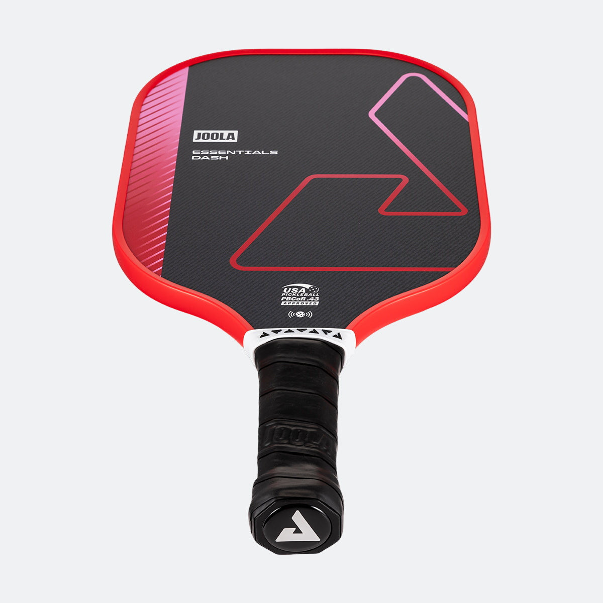 White background, product image of a red JOOLA Essentials Dash pickleball paddle with a black logo.