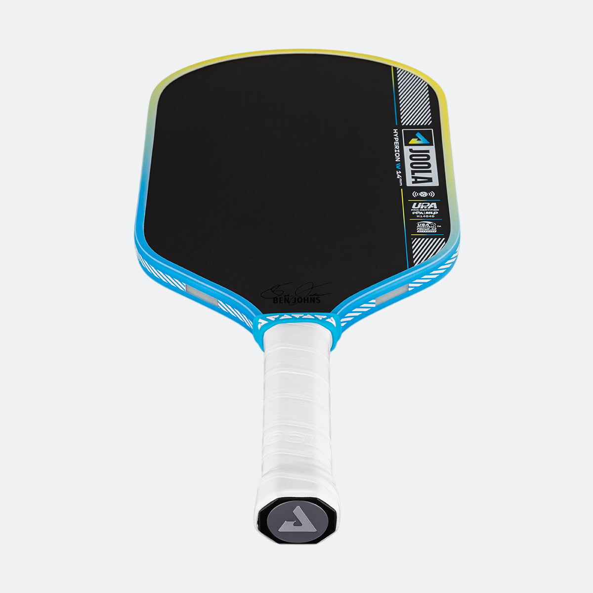 Pickleball paddle with black face, blue rim, and white handle on a white background.