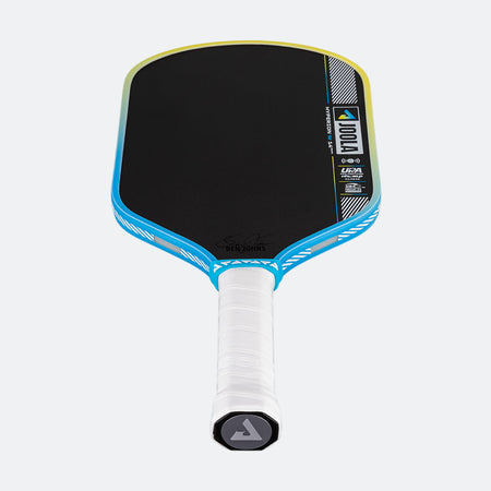 Pickleball paddle with black face, blue rim, and white handle on a white background.