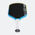 Pickleball paddle with black face, blue rim, and white handle on a white background.