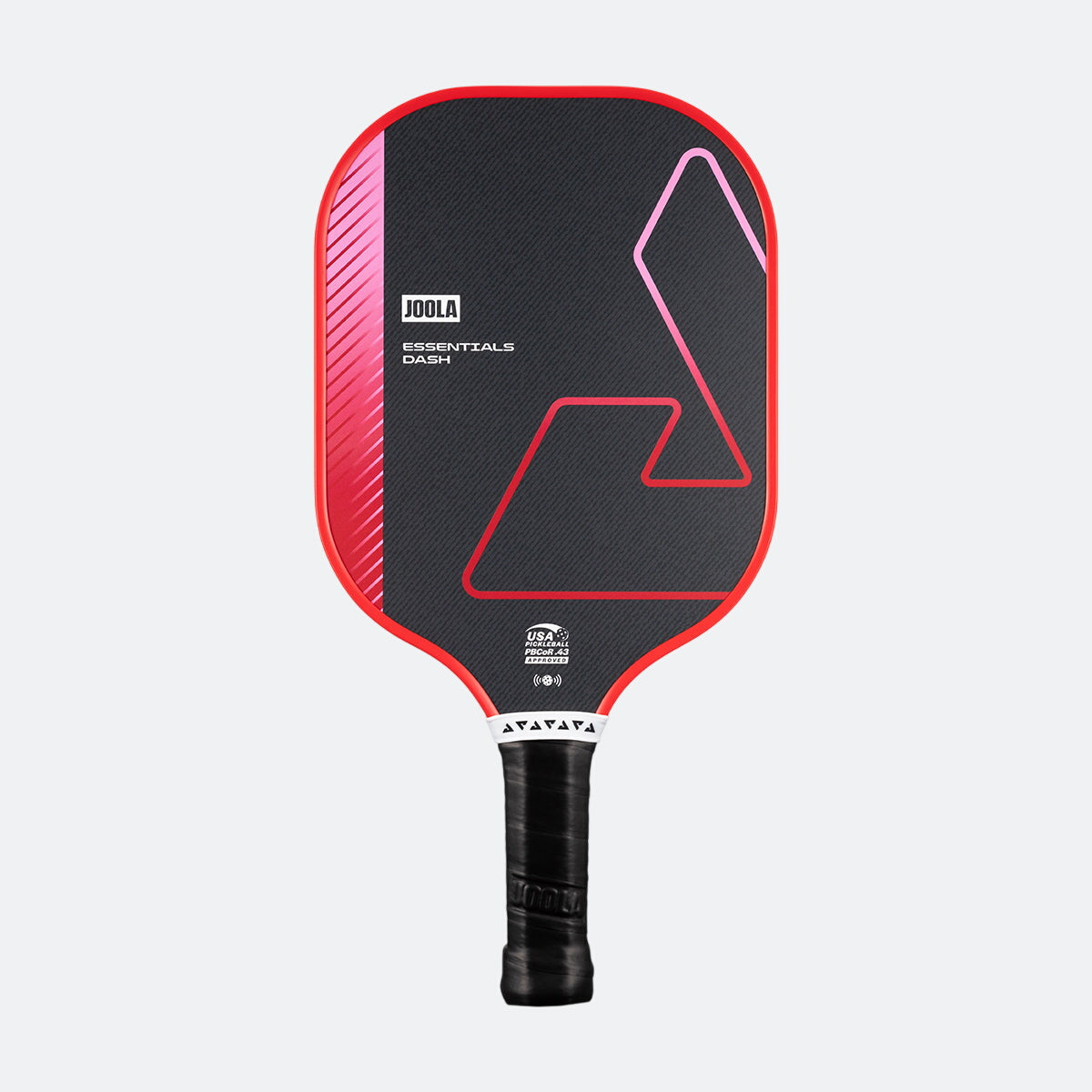 White background, product image of a red JOOLA Essentials Dash pickleball paddle with a black logo.