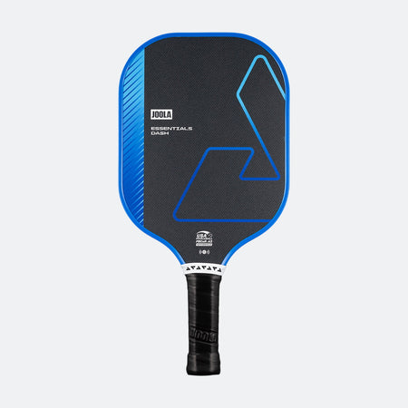 White background, product image of a blue JOOLA Essentials Dash pickleball paddle with a black logo.