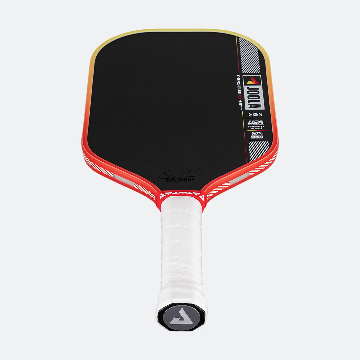 Pickleball paddle with black face, red frame, and white handle on a white background