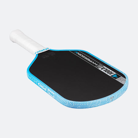 White background, image of the JOOLA Hyperion Pro V pickleball paddle, white handle, blue and white edge guard and black surface.