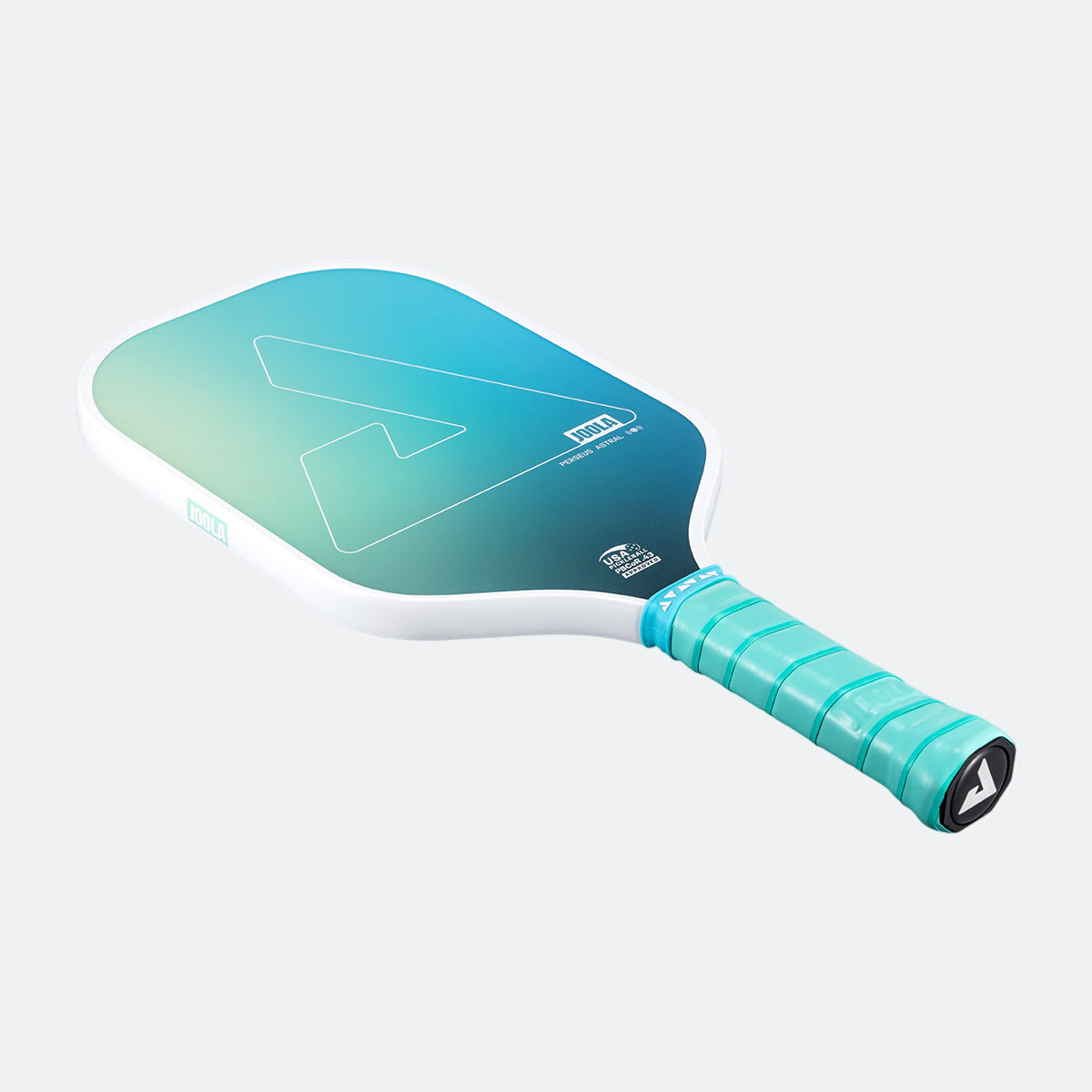 White background, product image of the JOOLA Perseus Astral pickleball paddle with teal handle and white edge guard.