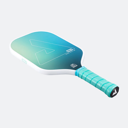 White background, product image of the JOOLA Perseus Astral pickleball paddle with teal handle and white edge guard.