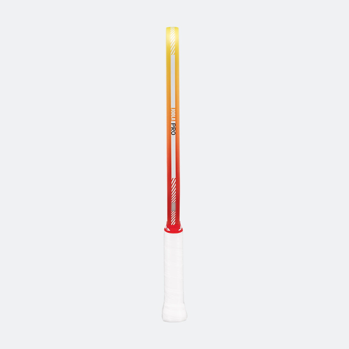 White background, JOOLA Pro IV pickleball paddle with edge guard gradient of yellow and orange.