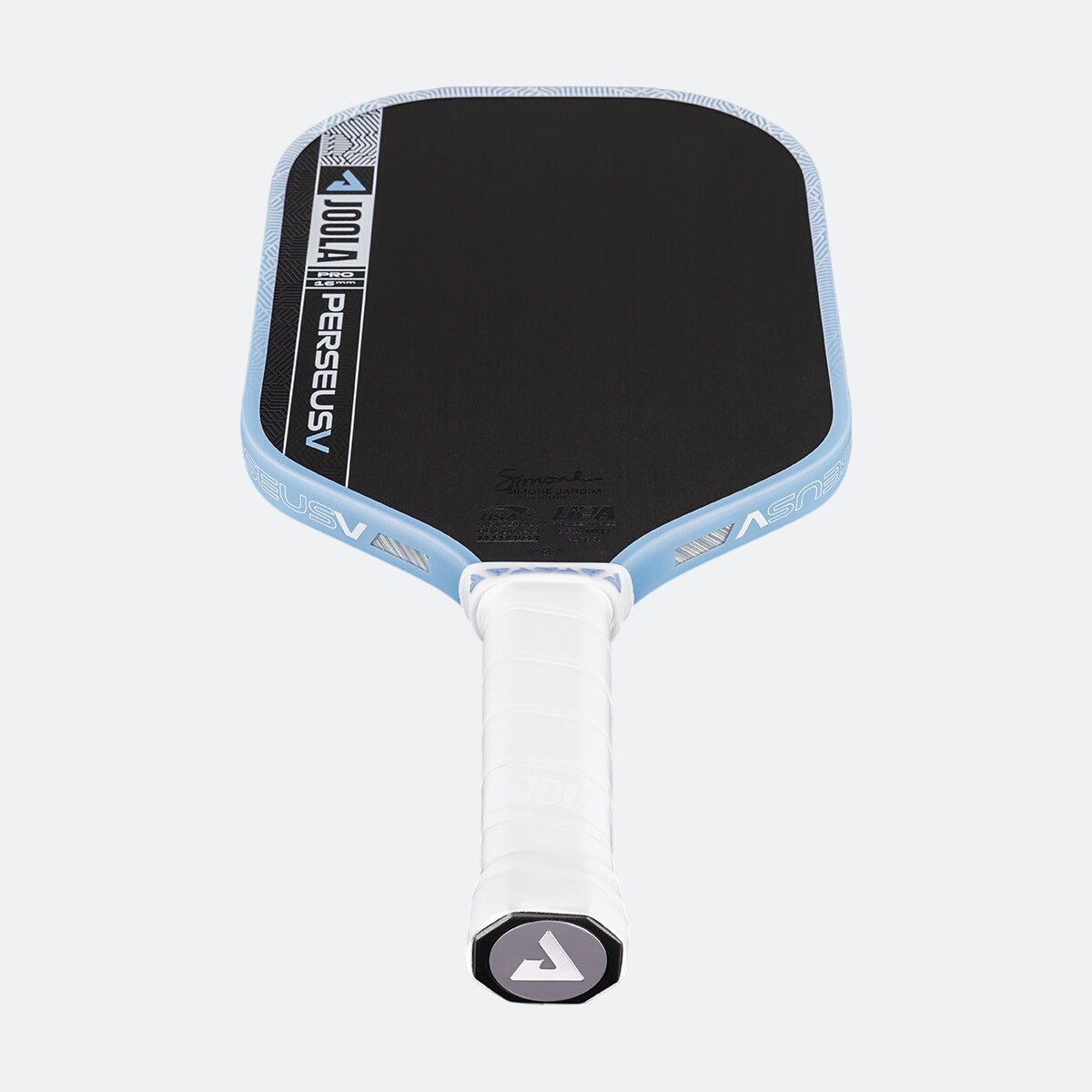 White background, product image of the JOOLA Perseus Pro V pickleball paddle with light blue edge guard and white handle.