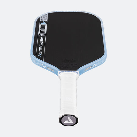 White background, product image of the JOOLA Perseus Pro V pickleball paddle with light blue edge guard and white handle.