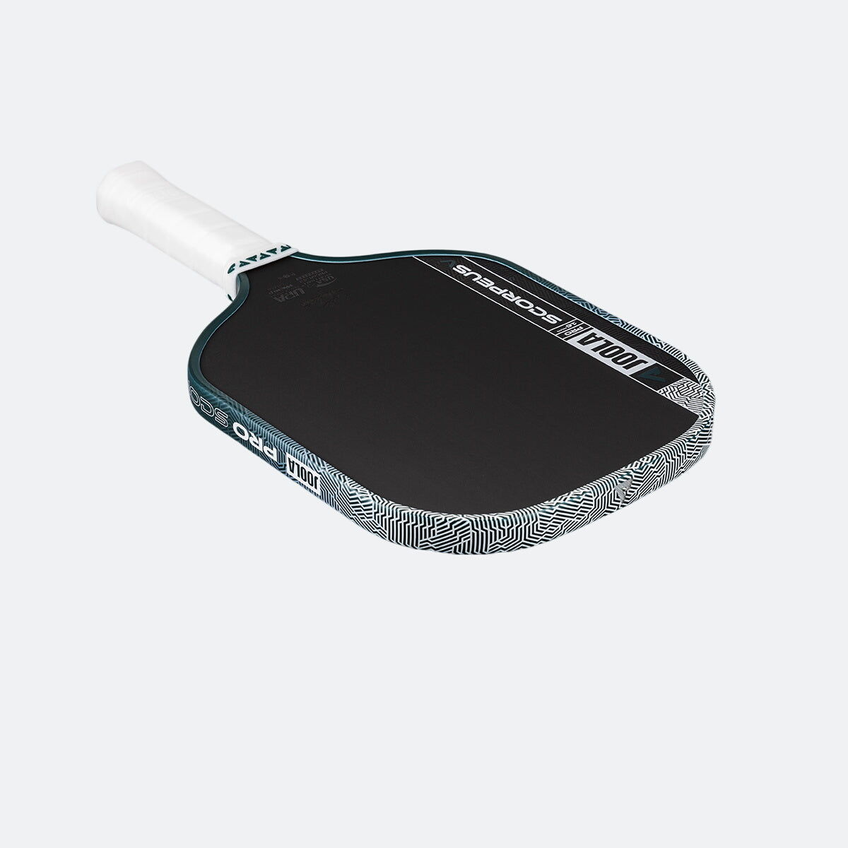 White background, product image of the JOOLA Scorpeus Pro V pickleball paddle with a green edge guard and white handle.