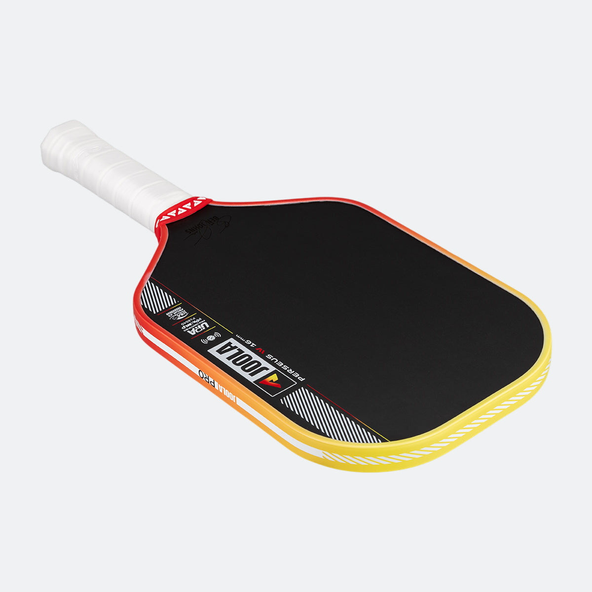 Pickleball paddle with black surface, red border, and yellow rim on a white background