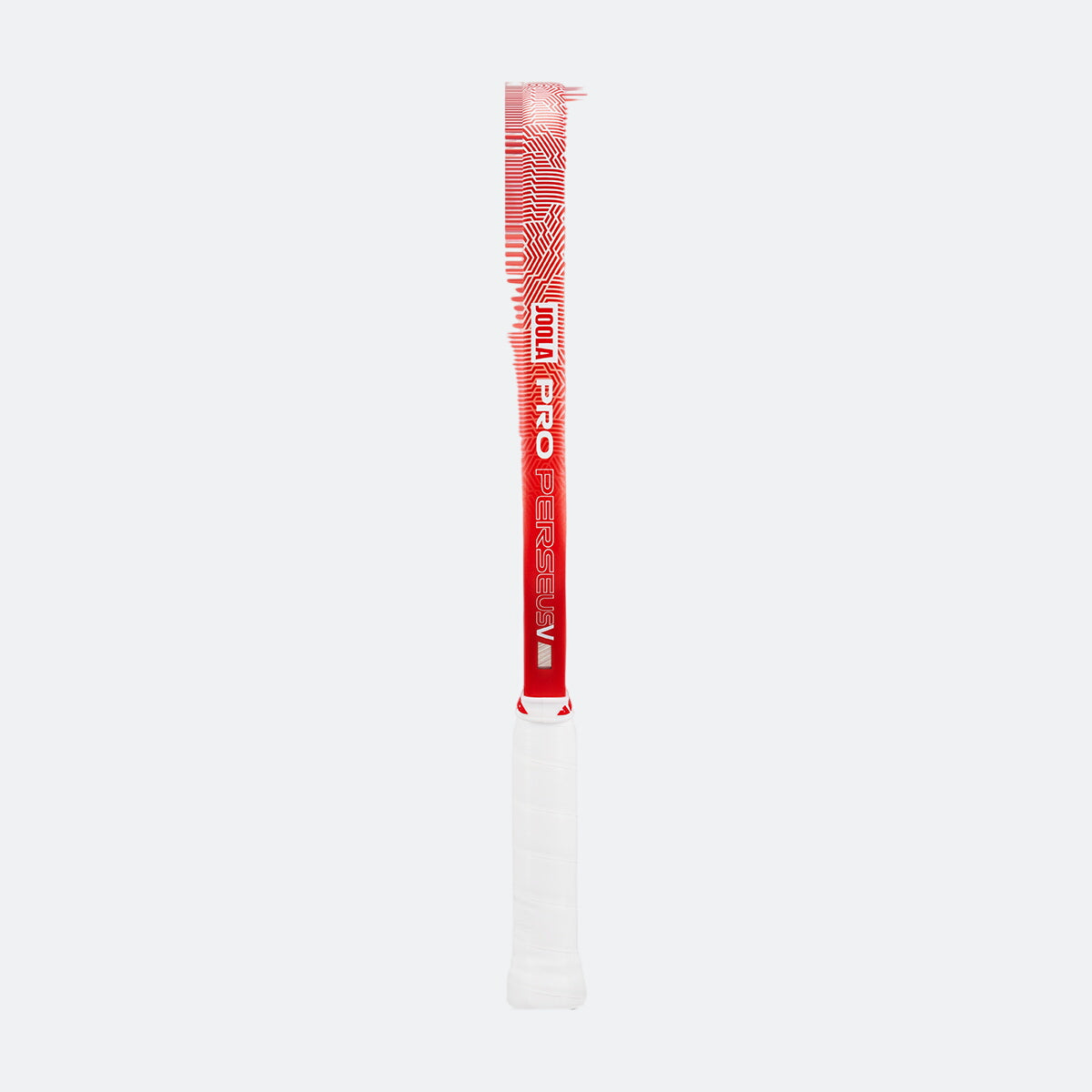 White background, image showing the side of a JOOLA Perseus Pro V's edge guard, red and white.