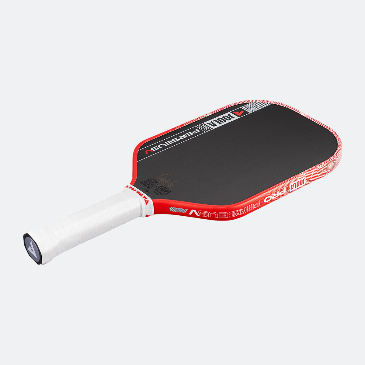 White background, product image of the JOOLA Perseus Pro V pickleball paddle with a red edge guard and white handle.