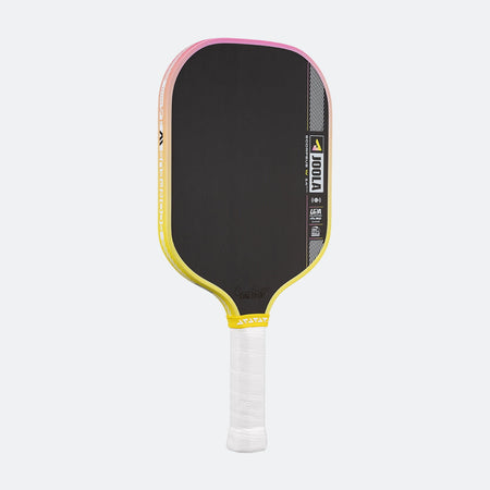 Pickleball paddle with black face, yellow sides, and white handle on a white background.