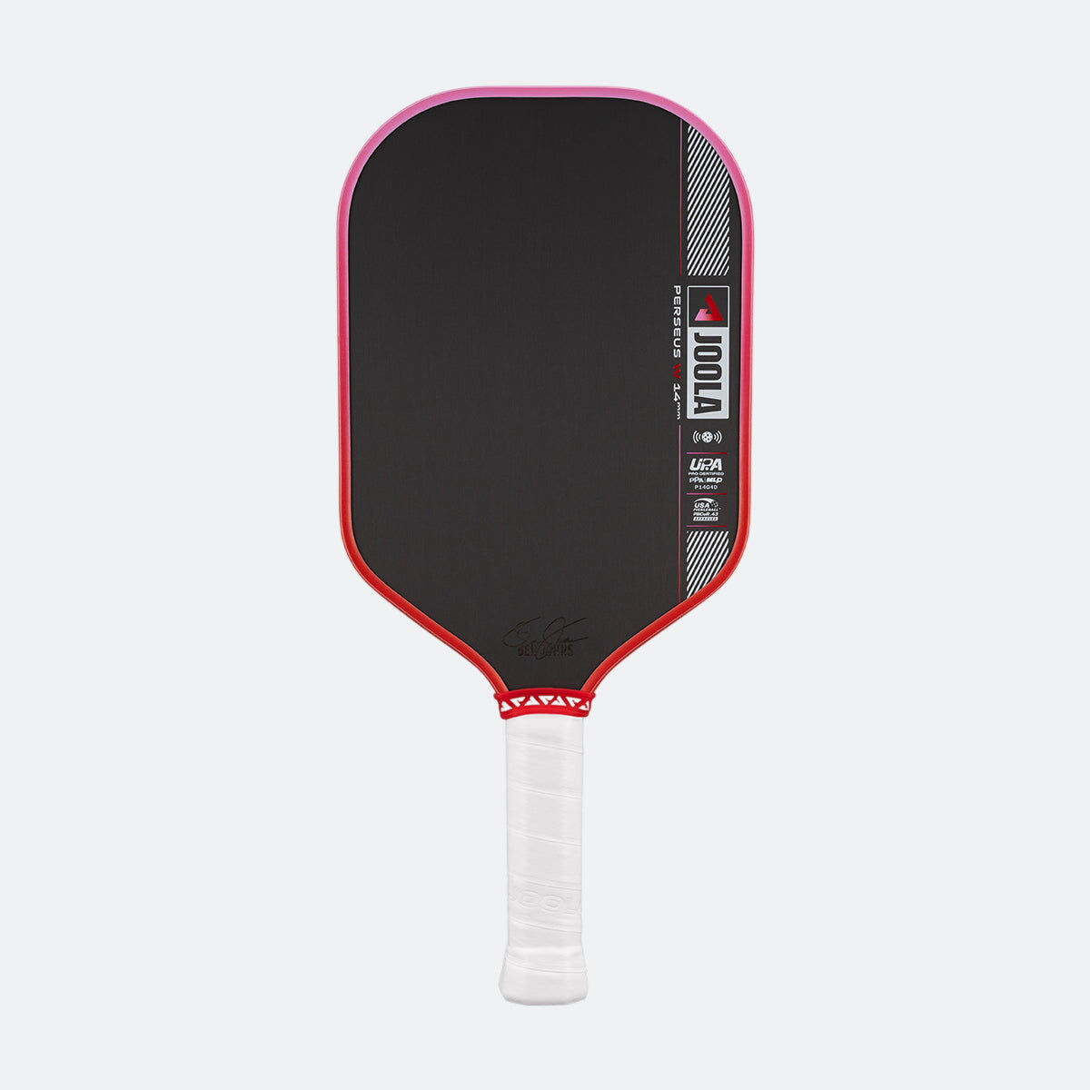 Pickleball paddle with black surface, red edges, and white handle on a white background