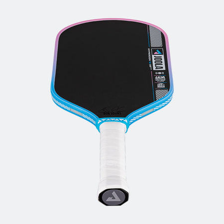 Pickleball paddle with black surface, blue frame, and white handle on a white background.