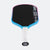 Pickleball paddle with black surface, blue frame, and white handle on a white background.