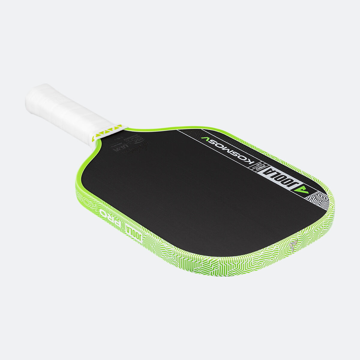White background, product image of the JOOLA Kosmos Pro V with green edge guard and white handle.