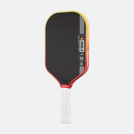 Pickleball paddle with black face, yellow rim, and white handle on a white background