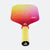 White background, product photo of the JOOLA Perseus Astral pickleball paddle with a yellow handle and white edge guard, and sunset gradient colored paddle face.
