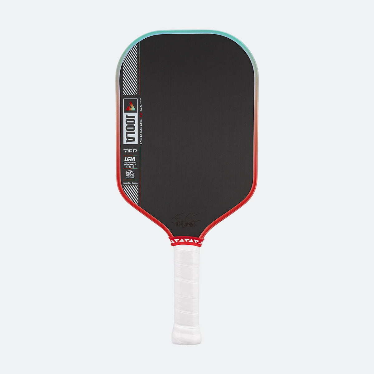 Pickleball paddle with black surface, red border, and white handle on a white background