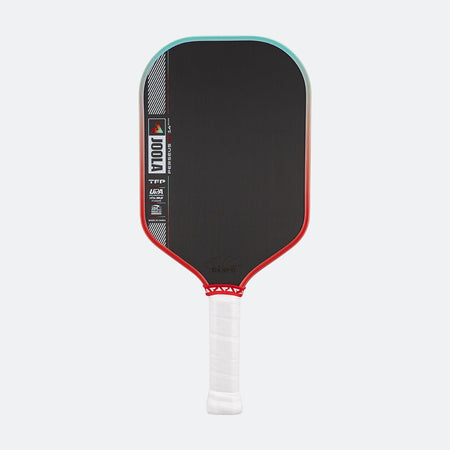 Pickleball paddle with black surface, red border, and white handle on a white background
