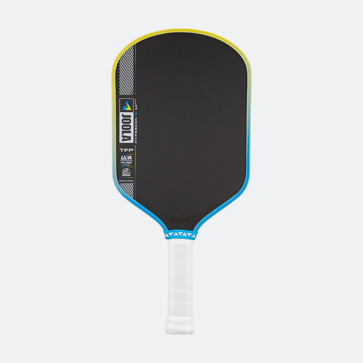 Pickleball paddle with black face, blue rim, and white handle on a white background.