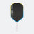 Pickleball paddle with black face, blue rim, and white handle on a white background.