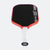 Pickleball paddle with black playing surface, red frame, and white handle on a white background
