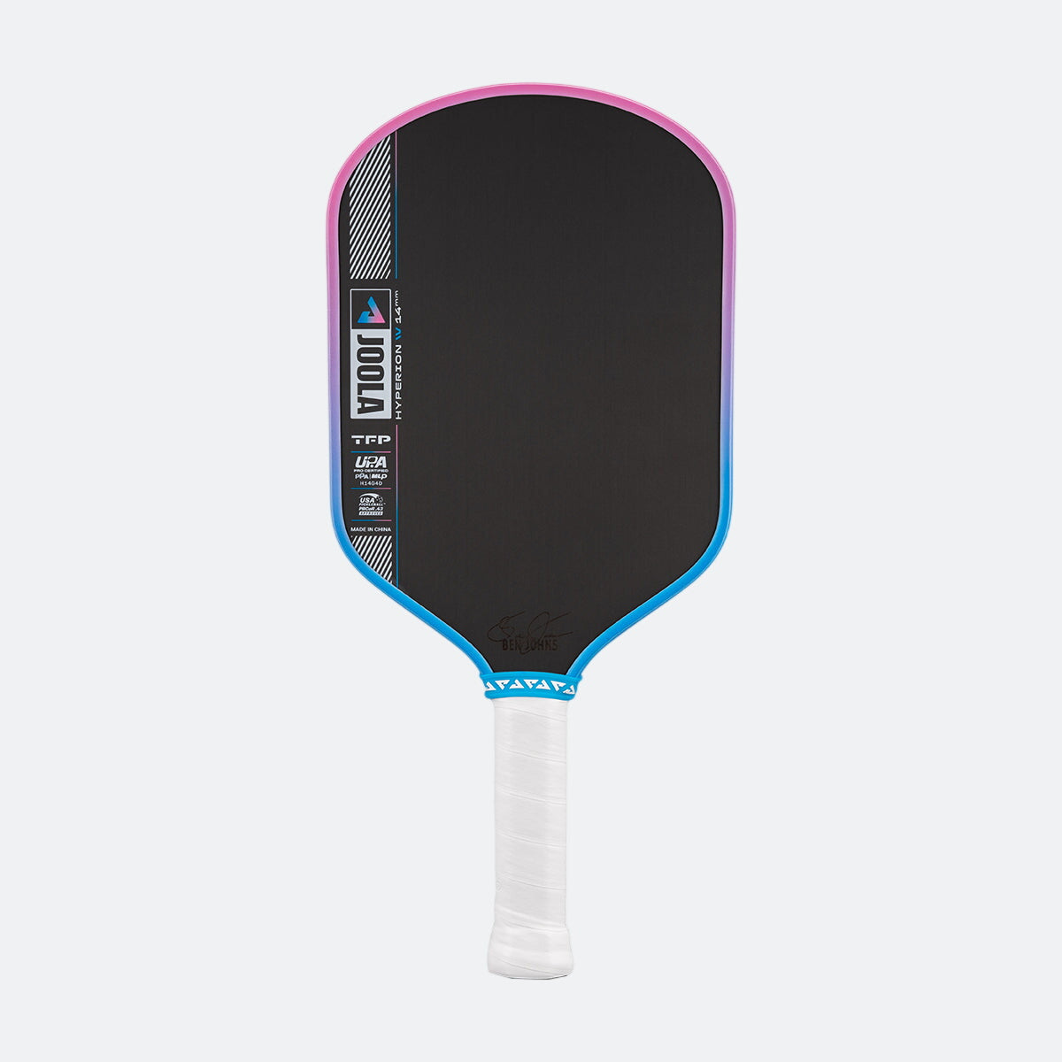 Pickleball paddle with black surface, pink rim, and white handle on a white background.