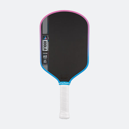 Pickleball paddle with black surface, pink rim, and white handle on a white background.