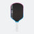 Pickleball paddle with black surface, pink rim, and white handle on a white background.