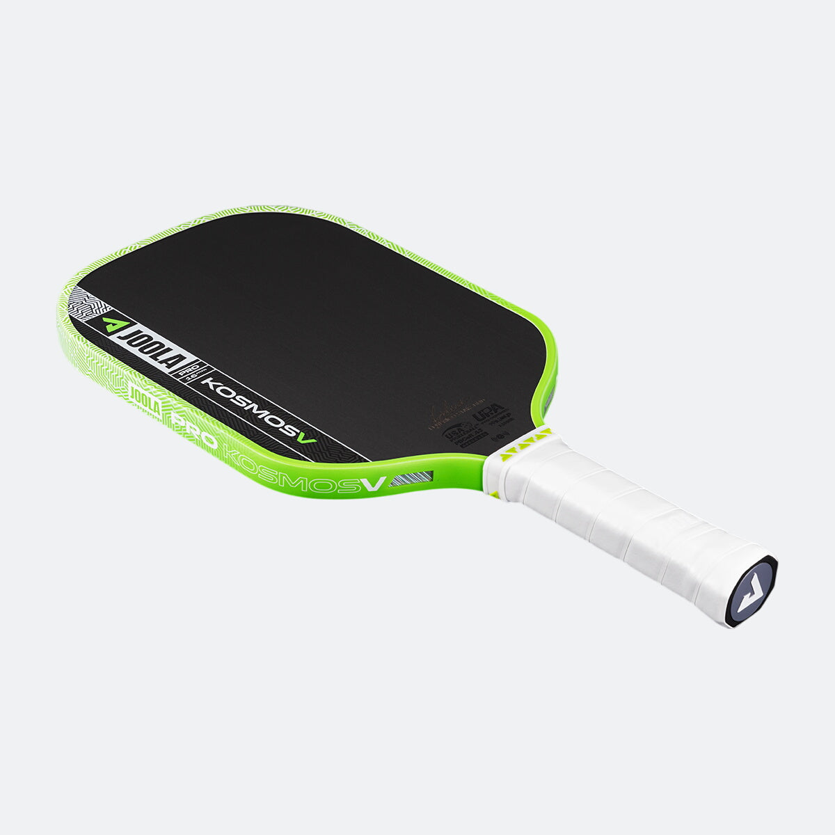 White background, product image of the JOOLA Kosmos Pro V with green edge guard and white handle.