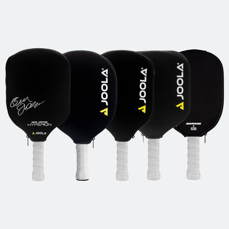 White background, five different versions of JOOLA Neoprene pickleball paddle covers.
